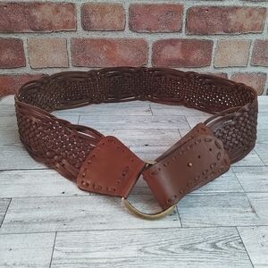 Vintage Brown Woven Boho Leather Belt With Brass Metal Loop Buckle XL